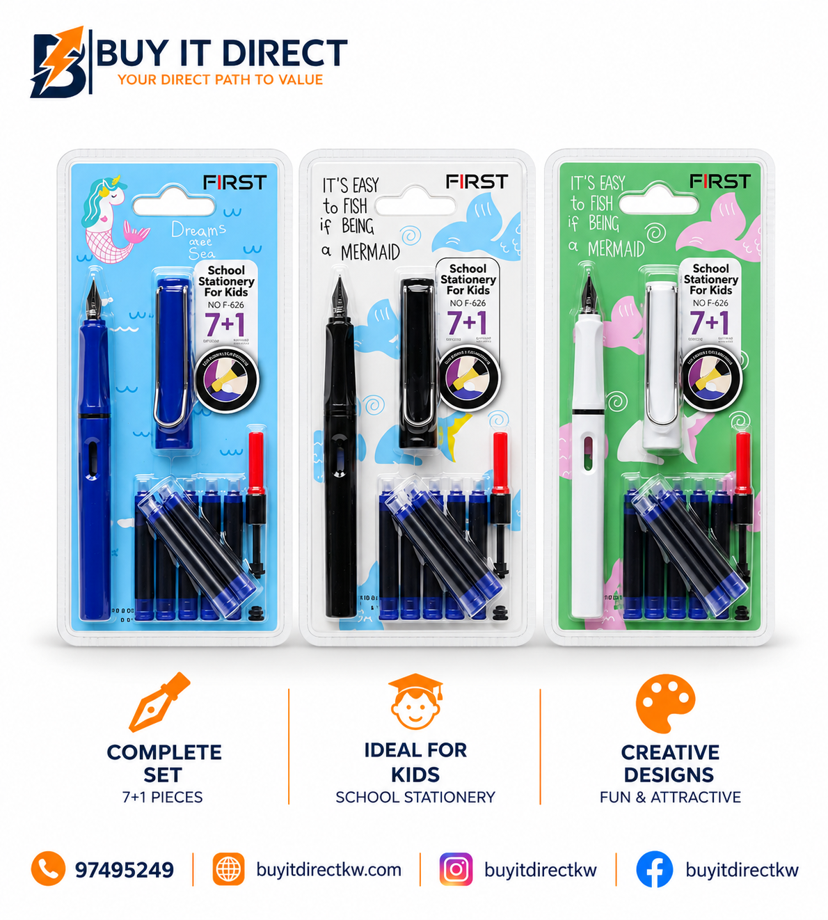 FIRST Direct Liquid Ink Pen with 7 Cartridges and 1 Ink Refill