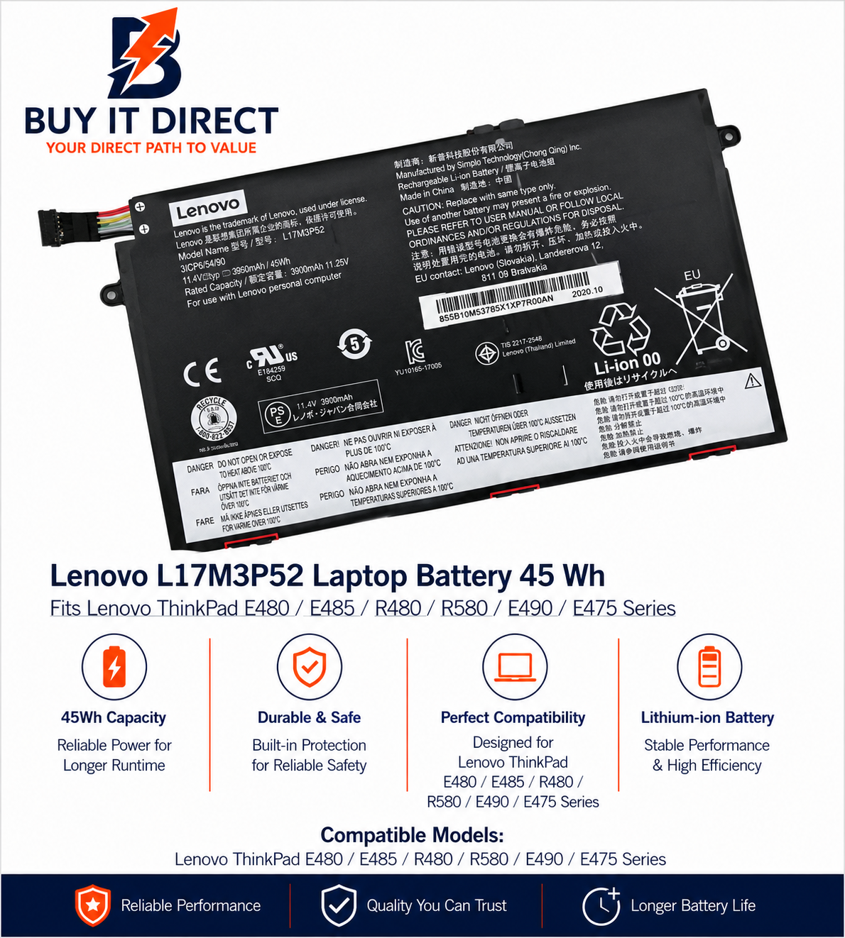 بطارية لابتوب Lenovo L17M3P52 بسعة 45Wh لأجهزة ThinkPad E480 E485 R480 R580 E490 E475