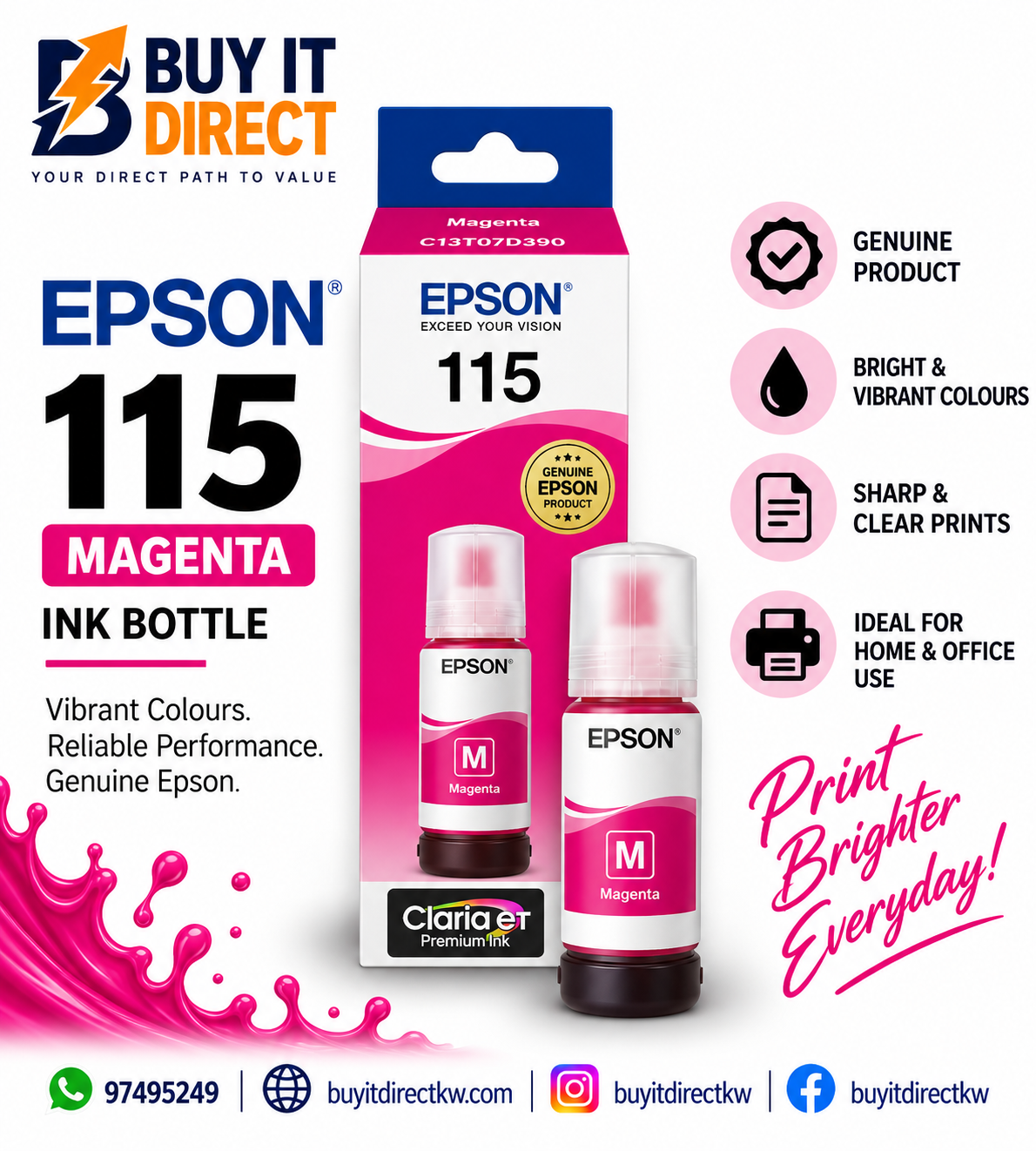 زجاجة حبر Epson 115 EcoTank أصلية باللون الأرجواني – C13T07D34A