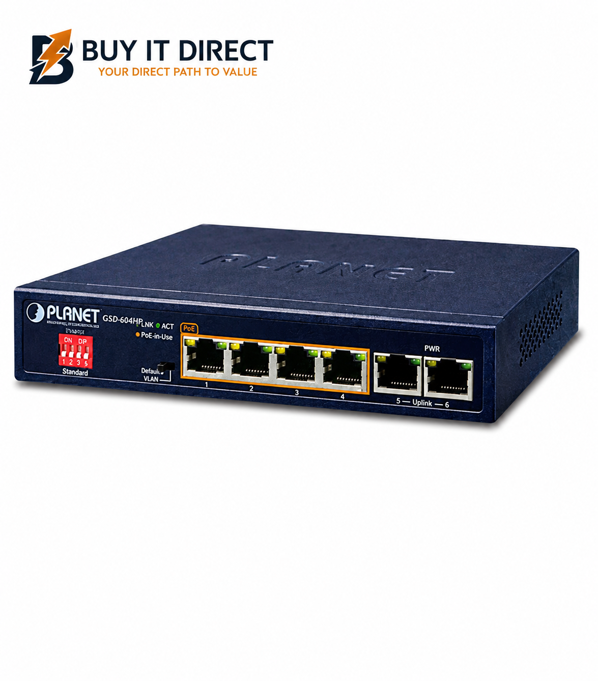 بلانيت GSD 604HP سويتش مكتبي جيجابت 4 منافذ PoE Plus 802.3at ومنفذين جيجابت