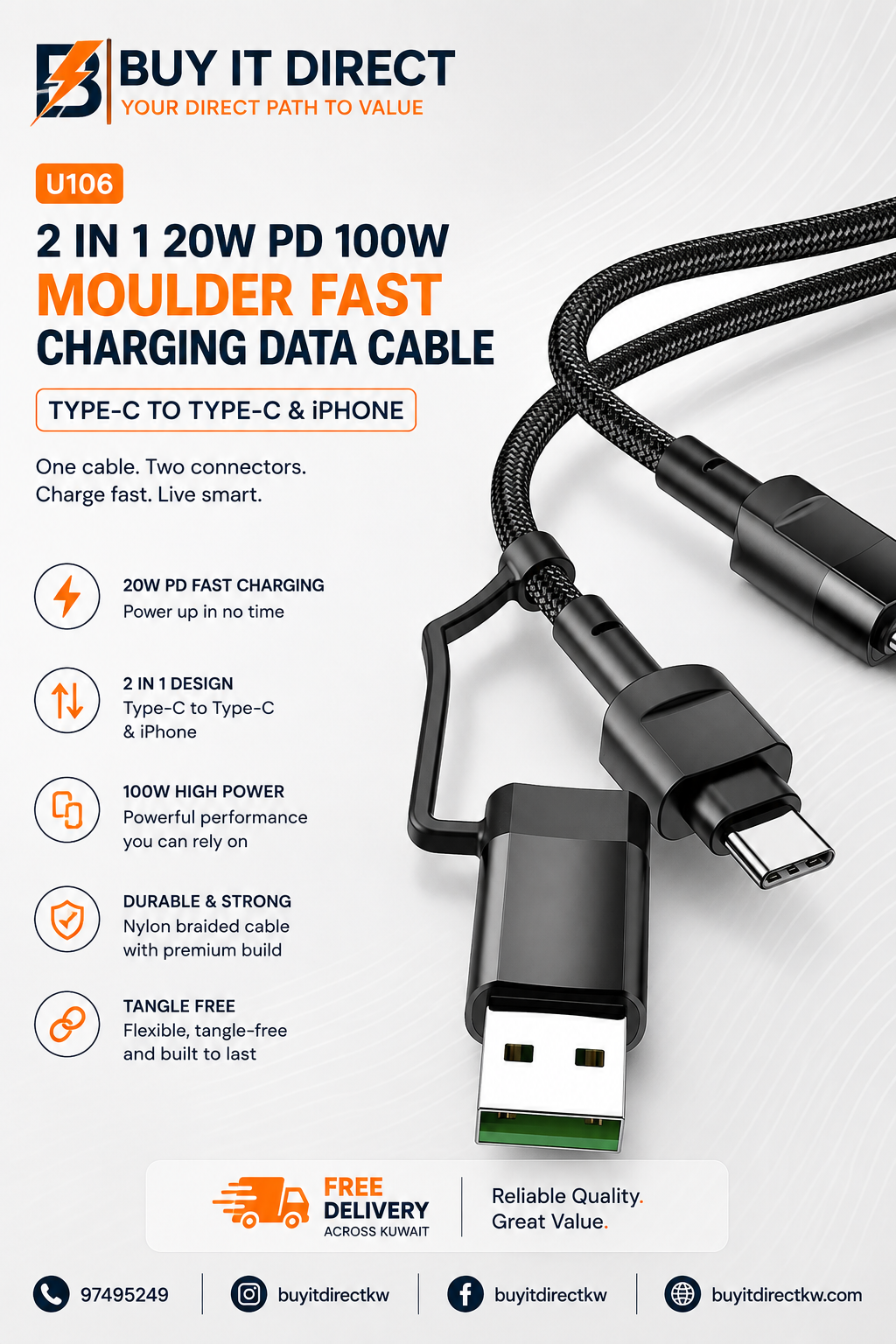 U106 2 in 1 20W PD 100W Moulder Fast Charging Data Cable for Type C to Type C and iPhone
