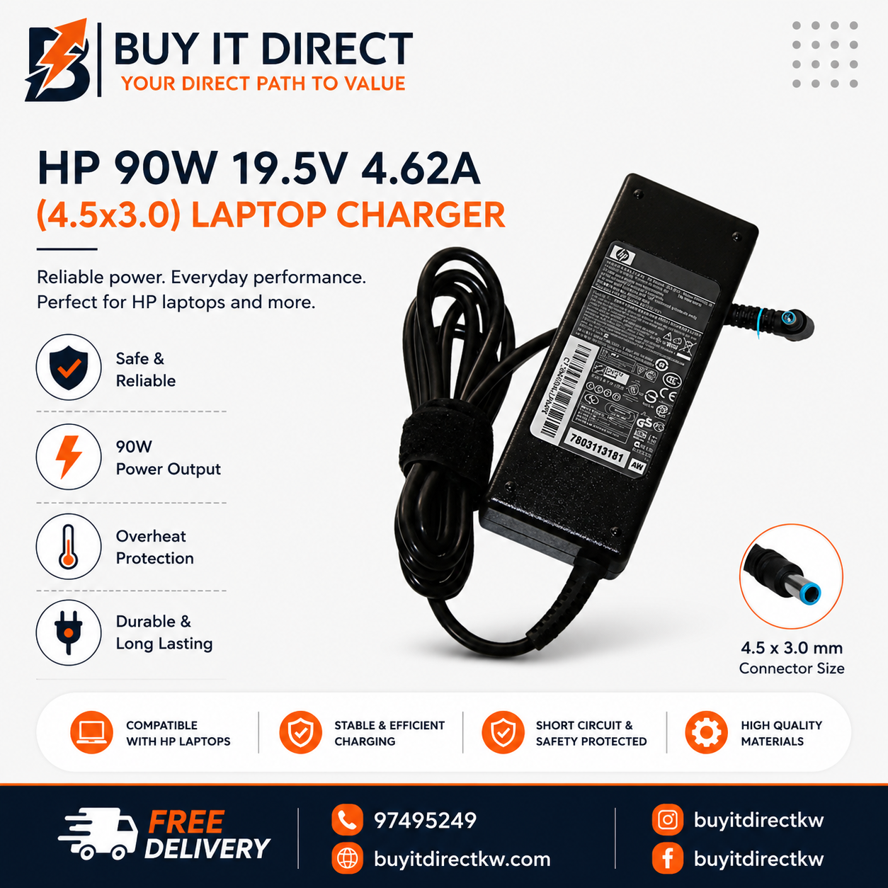 HP 90W 19.5V 4.62A Laptop Charger with Power Cable 4.5 x 3.0mm