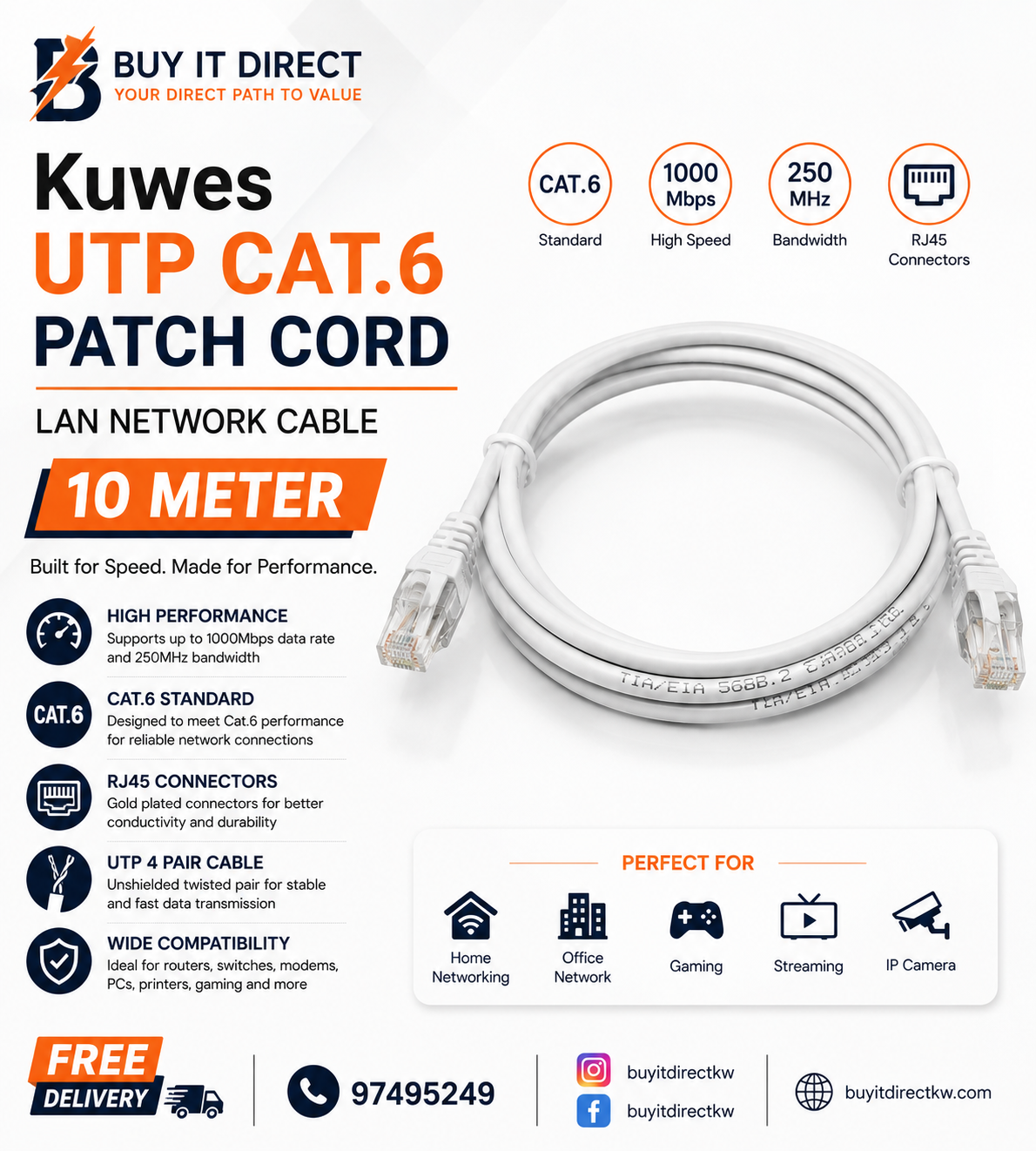 كابل شبكة Kuwes CAT6 UTP بطول 10 متر