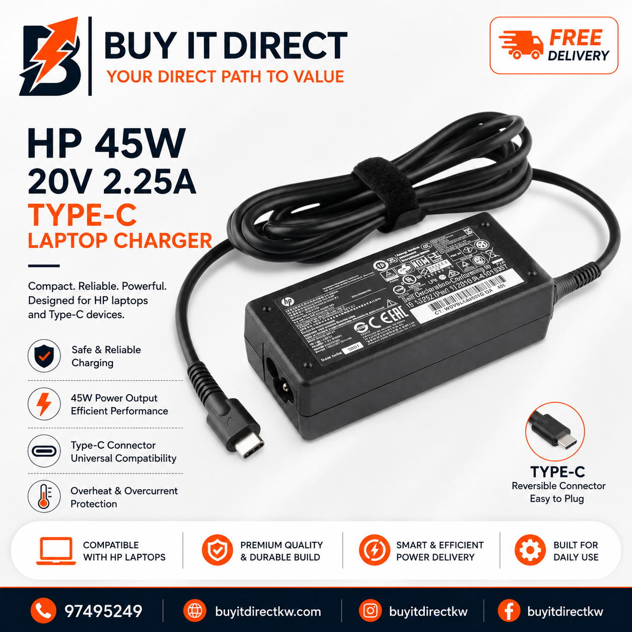 HP 45W 20V 2.25A USB-C Laptop Charger with Power Cable