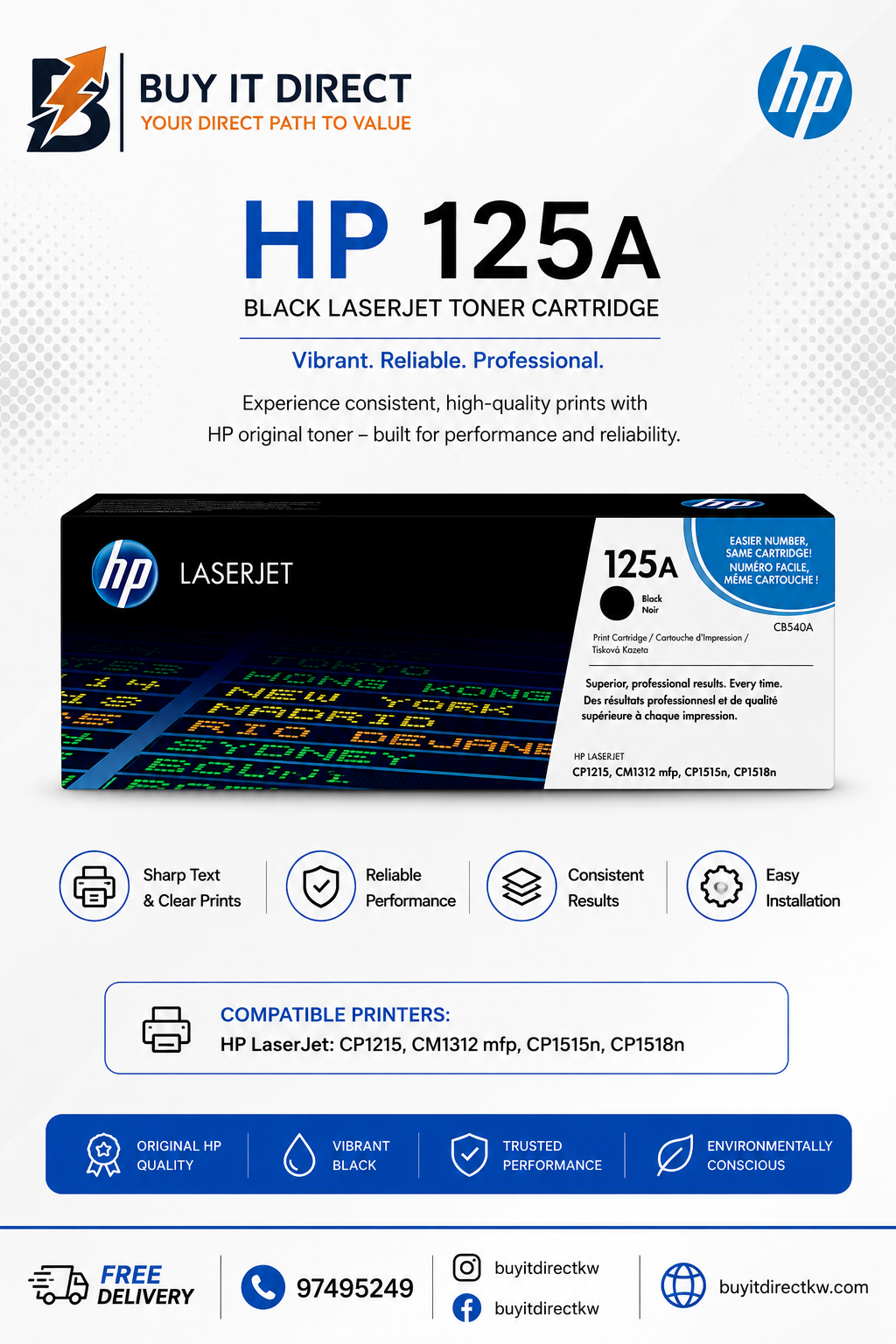 خرطوشة تونر HP 125A الأصلية باللون الأسود لطابعات LaserJet – 2,200 صفحة – CB540A