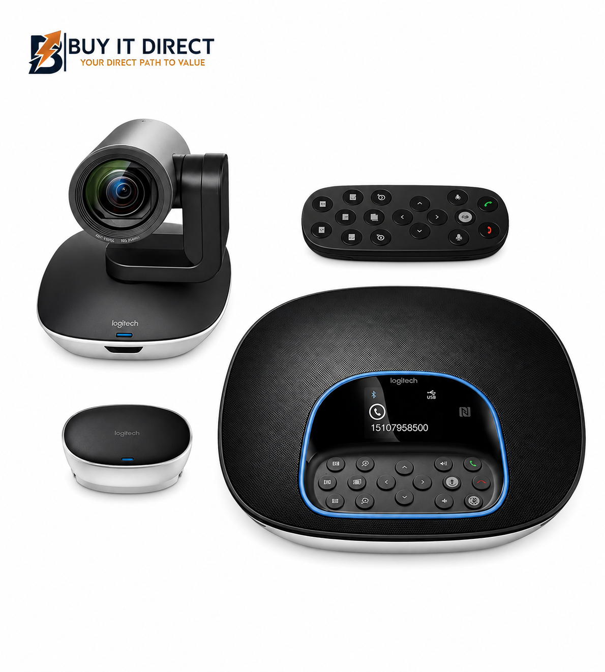 طقم مؤتمرات الفيديو Logitech GROUP بدقة Full HD 1080p مع USB وBluetooth وNFC باللون الاسود والفضي