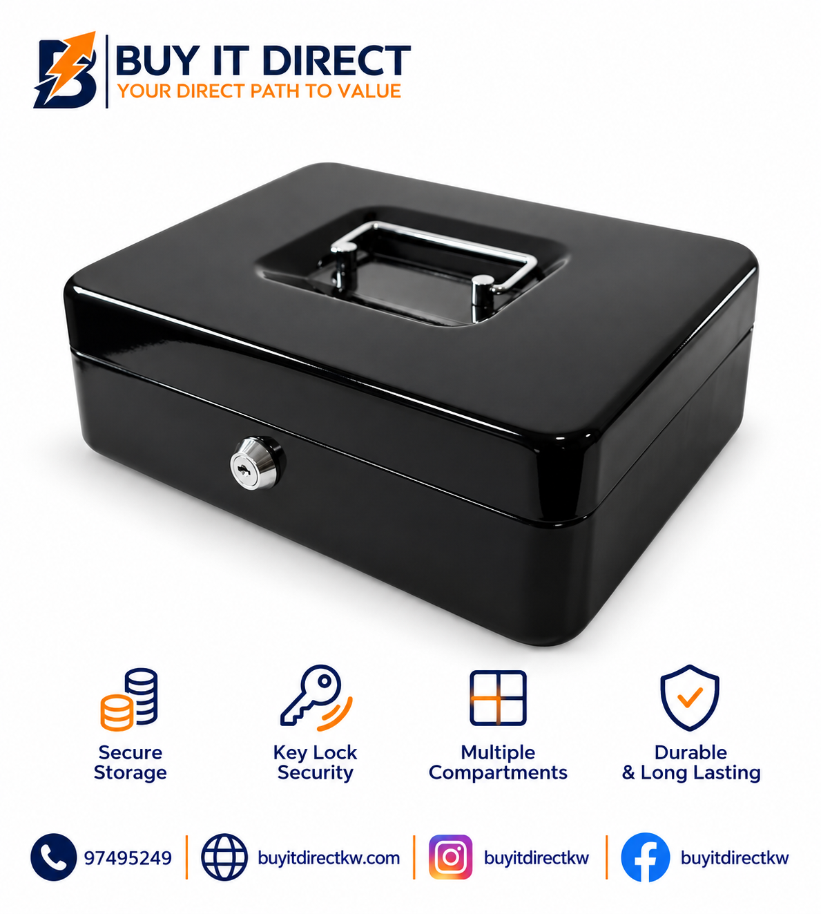 Iron Cash Box Black Large 25 x 20 x 9 cm