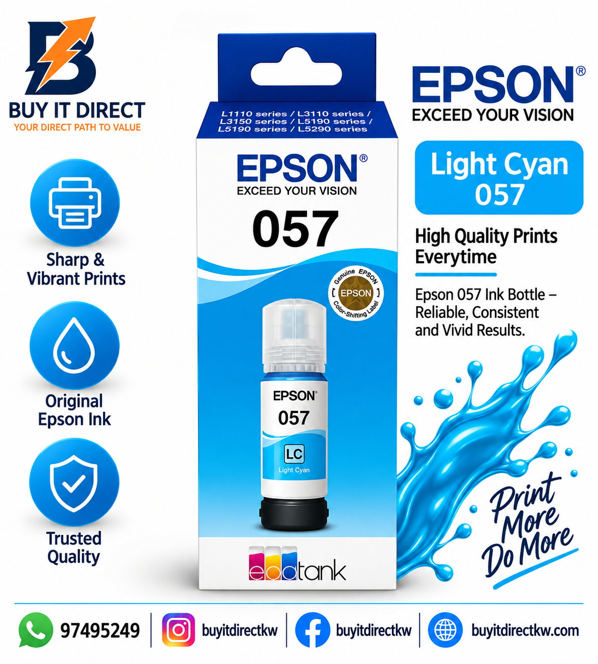 Epson 057 EcoTank Light Cyan Original Ink Bottle 70 ml – C13T09D500