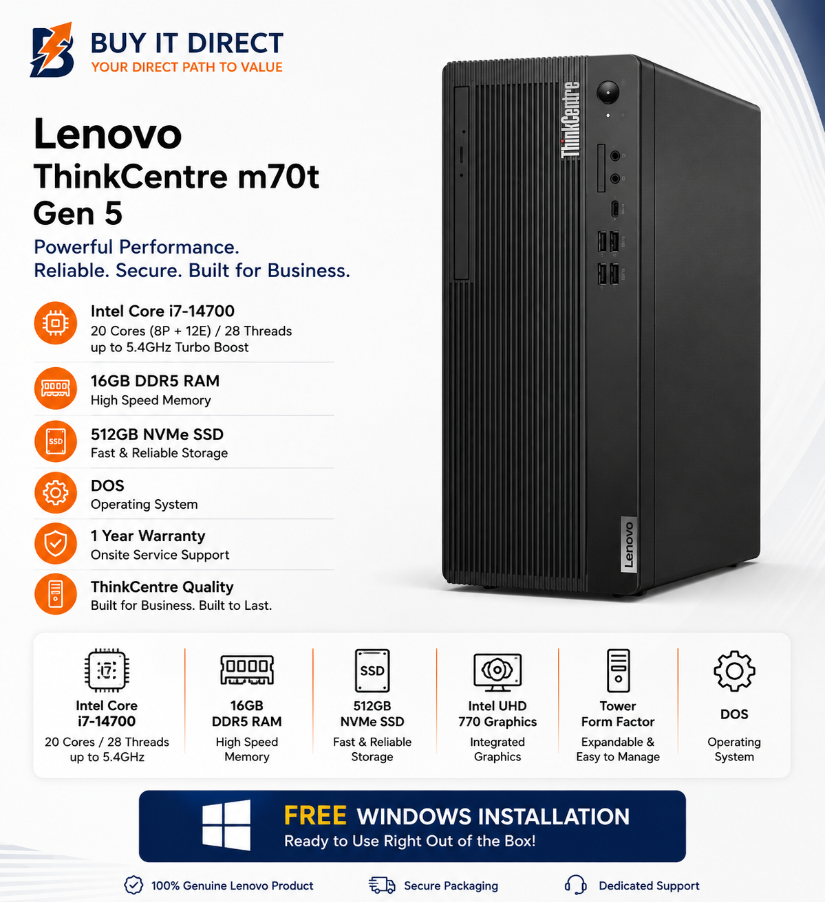 كمبيوتر Lenovo ThinkCentre Desktop M70t الجيل الخامس بمعالج i7 14700، ذاكرة 16GB RAM، تخزين 512GB NVMe SSD، نظام DOS، ضمان سنة واحدة، خدمة صيانة مجانية لمدة 6 أشهر وتثبيت Windows مجاناً
