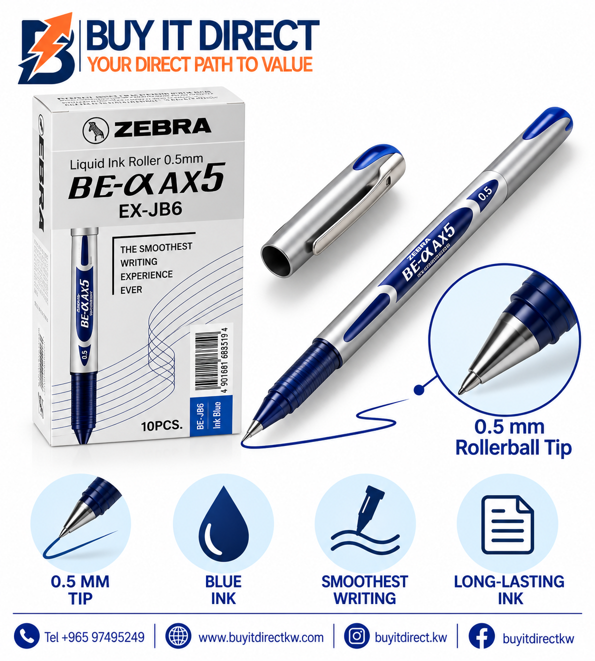 Zebra Liquid Ink Roller EX-JB6 0.5 mm Blue Pen - Pack of 10