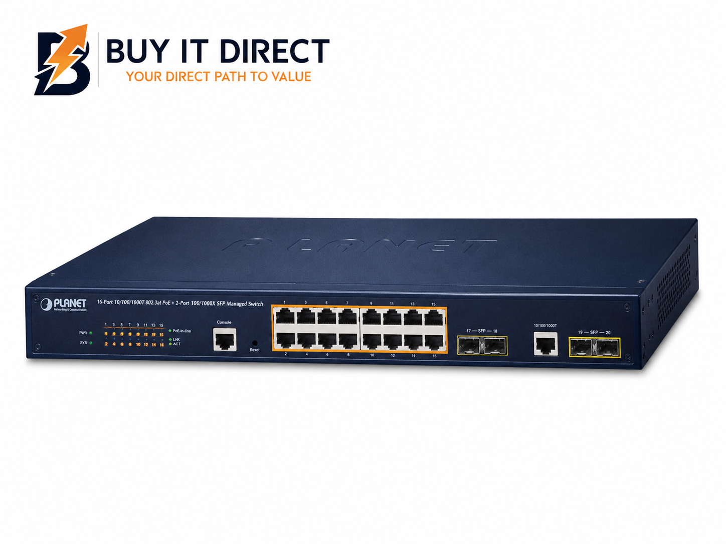 بلانيت GS 4210 16P2S سويتش مدار جيجابت 16 منفذ PoE Plus 802.3at مع منفذين SFP بقدرة 220 واط