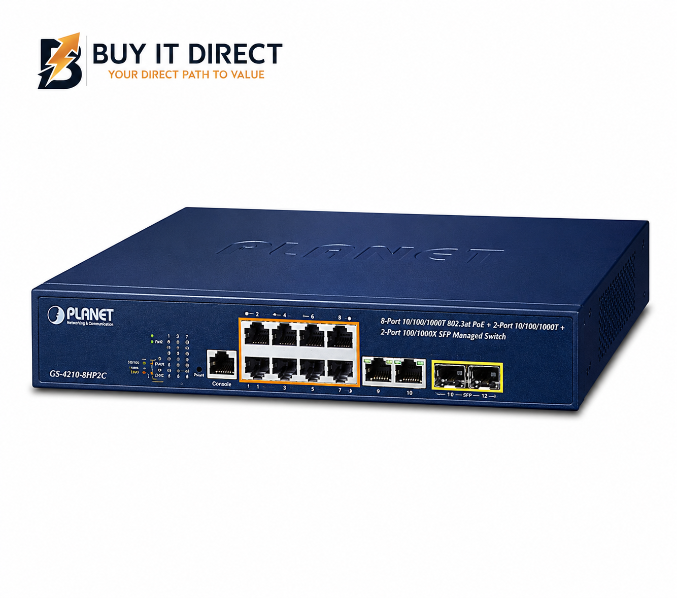 بلانيت GS 4210 8P2C سويتش مدار جيجابت 8 منافذ PoE Plus 802.3at مع منفذين Gigabit RJ45 ومنفذين SFP بقدرة 120 واط