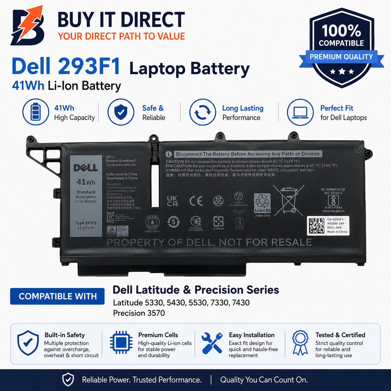 بطارية لابتوب ديل 293F1 ليثيوم أيون بسعة 41 واط ساعة متوافقة مع Latitude 5330 و5430 و5530 و7330 و7430 وPrecision 3570
