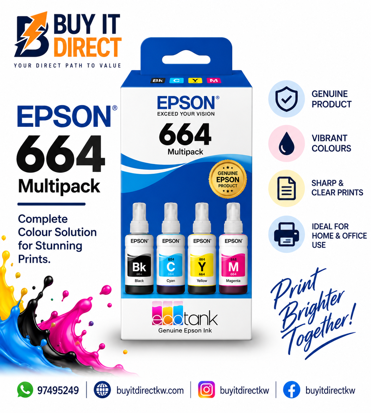 عبوة متعددة الألوان من زجاجات حبر Epson 664 EcoTank الأصلية – T664
