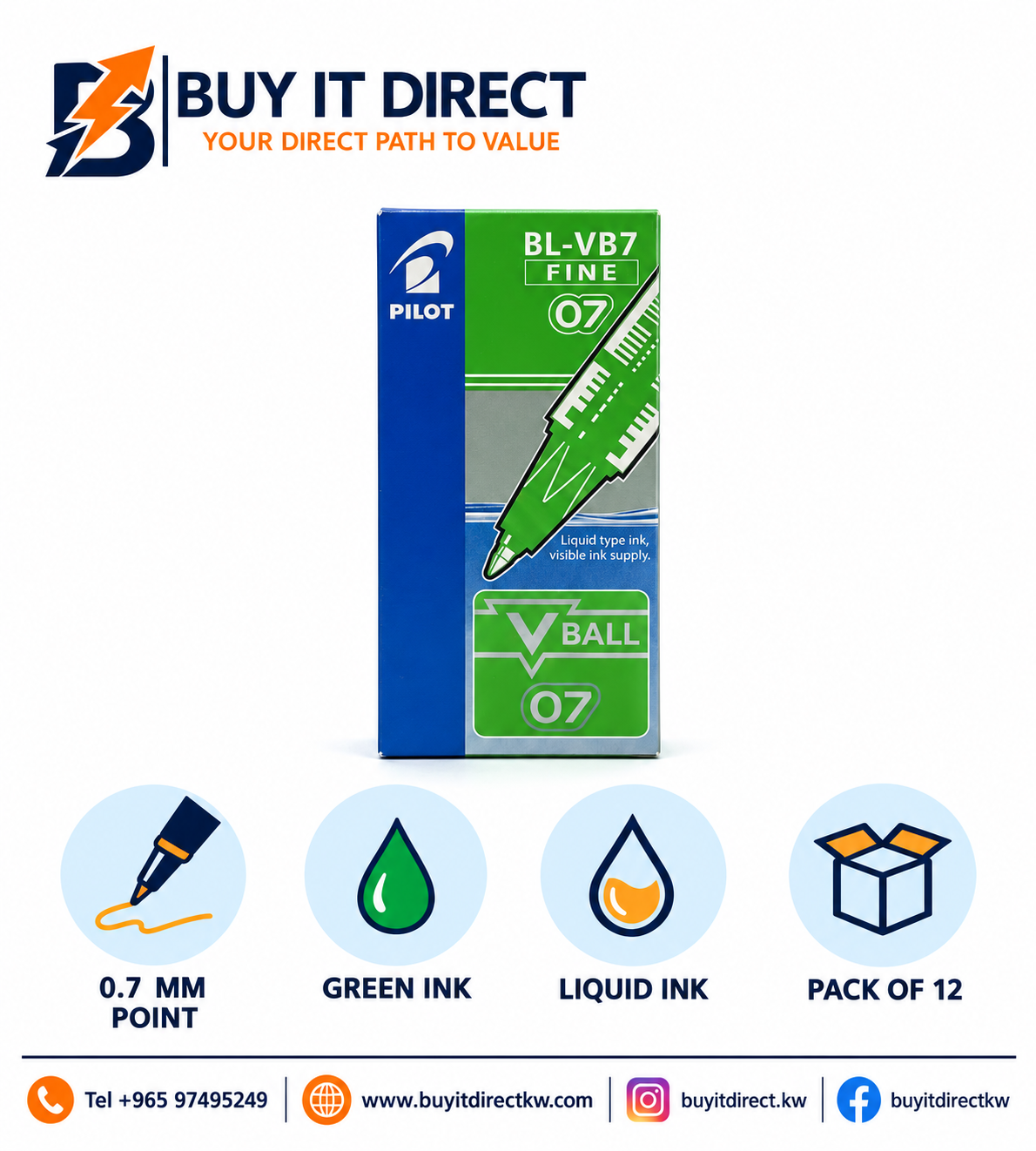 Pilot V-Ball BL-VB7 0.7 mm Rollerball Pen Green - Pack of 12