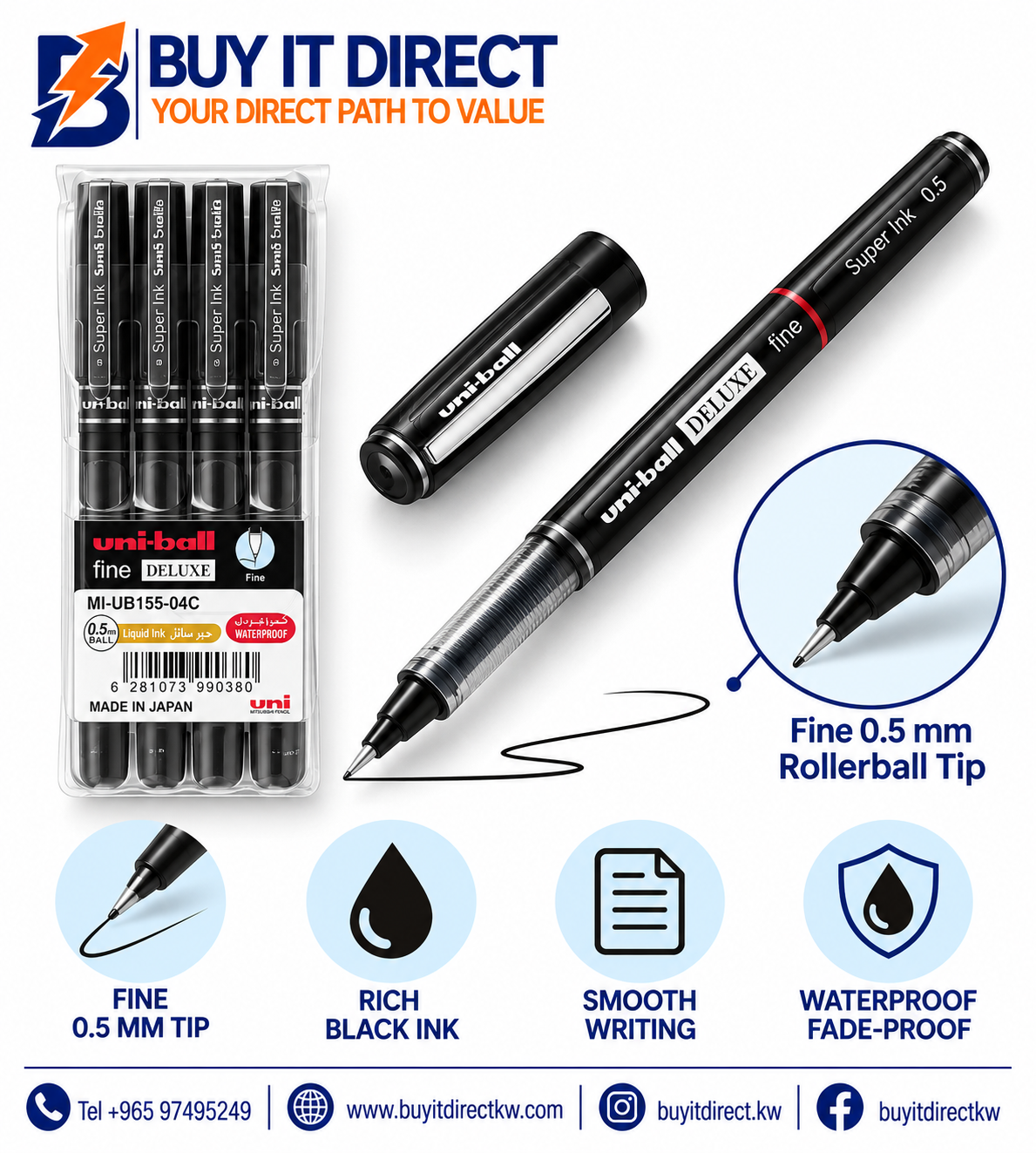أقلام uni-ball Deluxe UB-155 Fine مقاس 0.5 مم - عبوة 4 أقلام