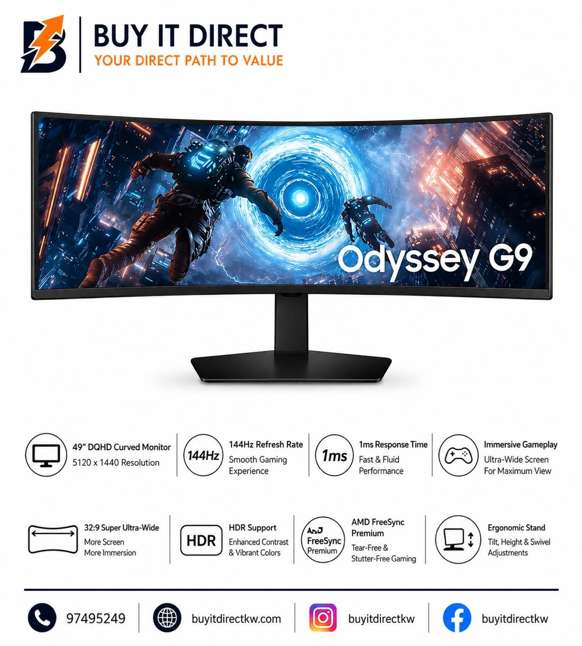 Samsung Odyssey G9 G91F 49" DQHD 5120 × 1440 1000R Curved Gaming Monitor