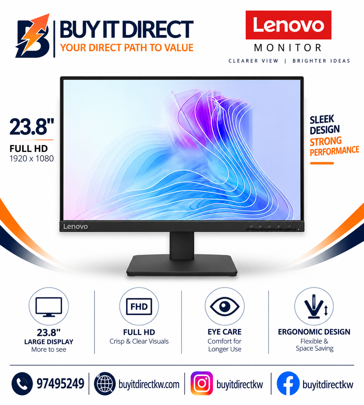 شاشة Lenovo L22-4e مقاس 21.5 بوصة بدقة Full HD ولوحة IPS وتردد 100 هرتز وزمن استجابة 4 مللي ثانية مع HDMI 1.4 وVGA