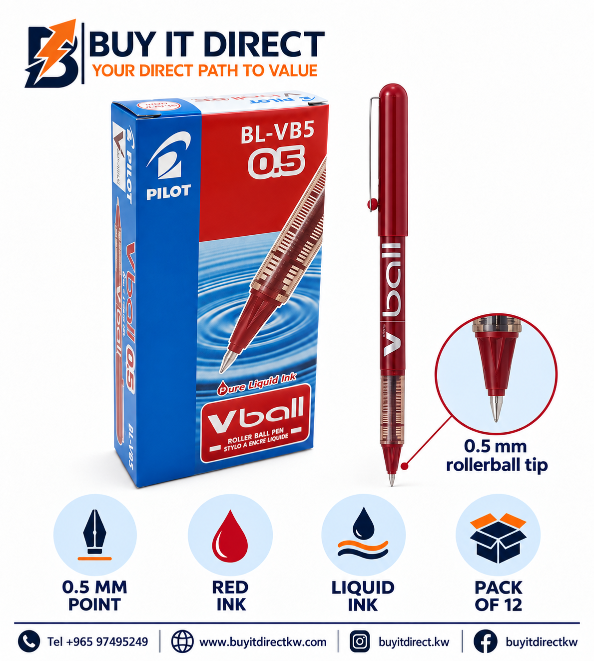 Pilot V-Ball BL-VB5 0.5 mm Red Pen - Pack of 12