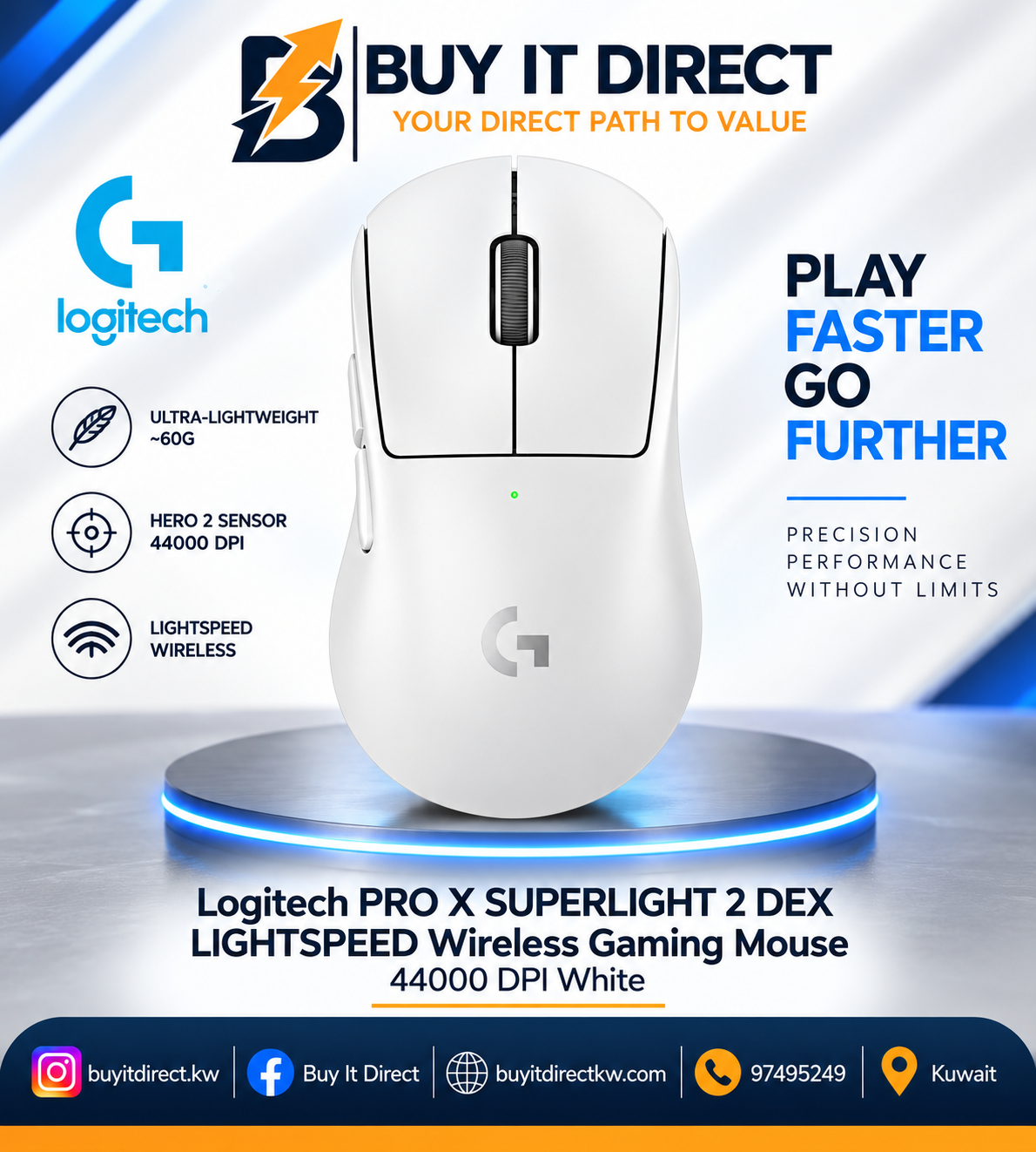 ماوس لوجيتك برو اكس سوبرلايت 2 دي اكس لاسلكي بتقنية LIGHTSPEED للألعاب 44000 DPI أبيض