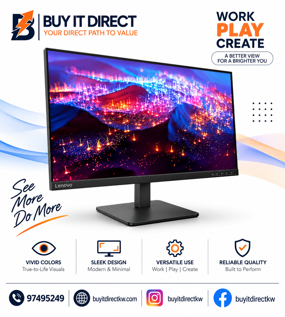 شاشة Lenovo L27-4e مقاس 27 بوصة بدقة Full HD ولوحة IPS وتردد 100 هرتز وزمن استجابة 4 مللي ثانية – أسود Raven Black