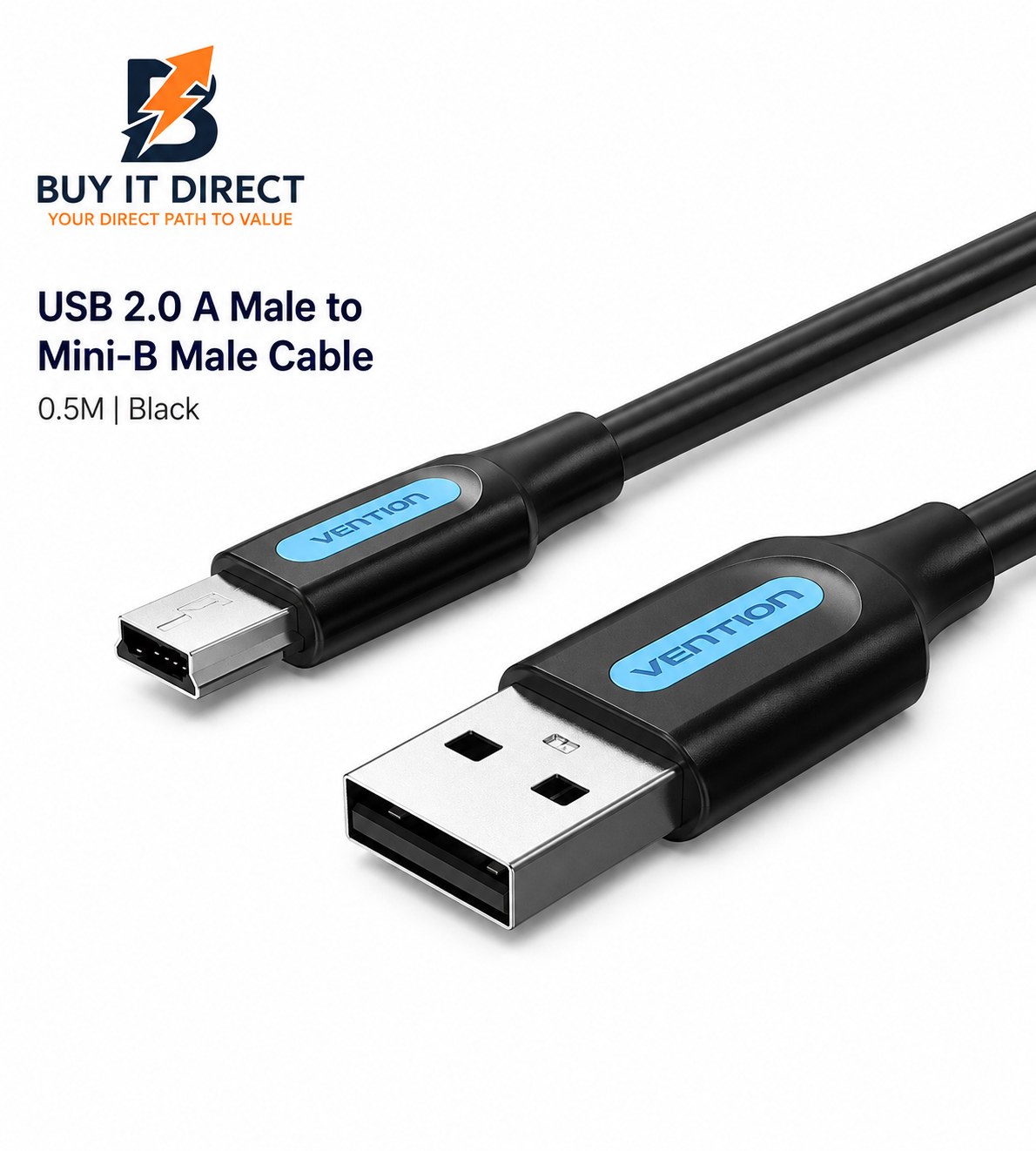 كابل USB 2.0 Type A ذكر الى Mini B ذكر بطول 0.5 متر اسود PVC
