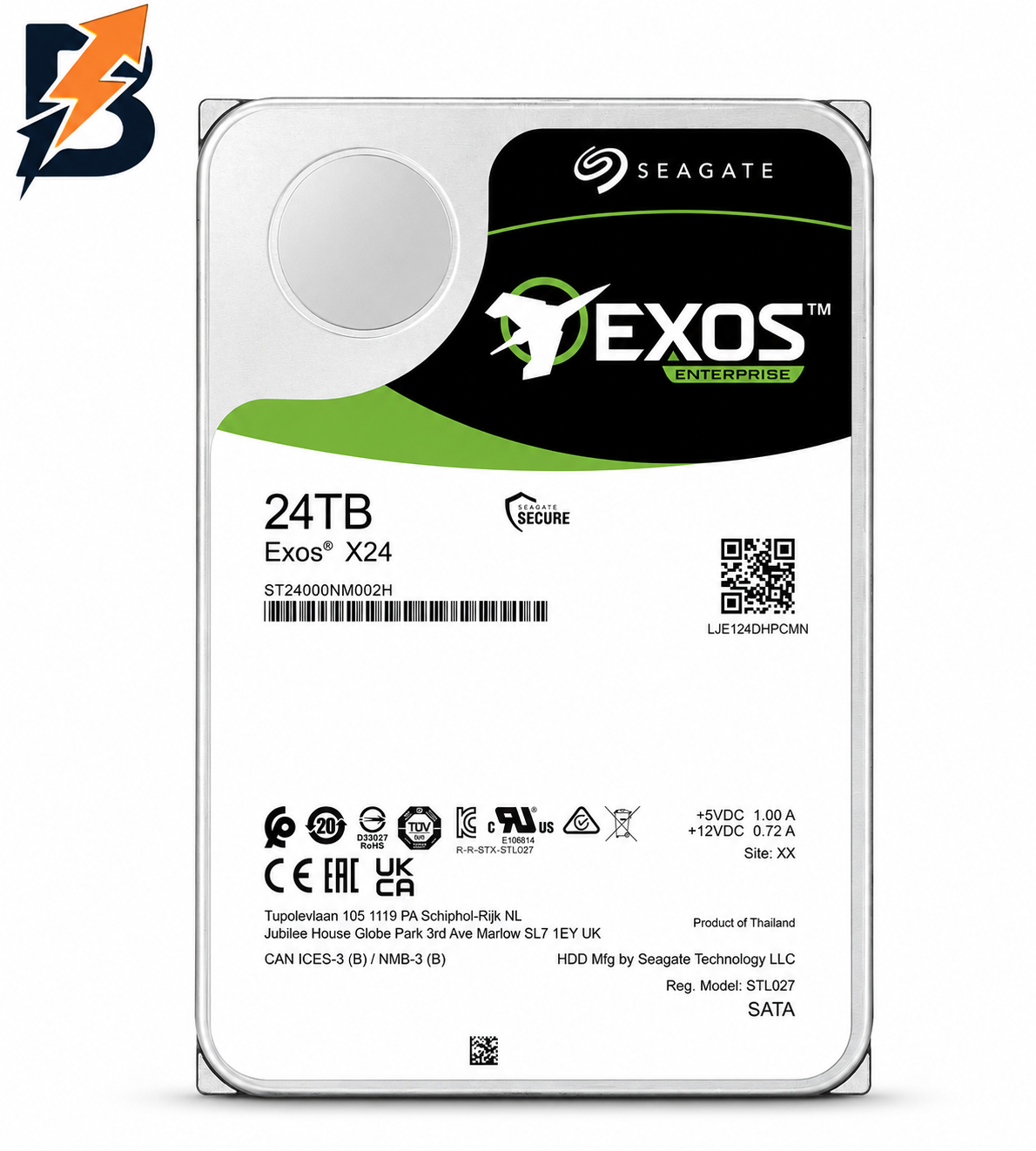 قرص صلب داخلي Seagate EXOS X24 بسعة 24 تيرابايت، مقاس 3.5 بوصة، بتقنية SATA III، وسرعة دوران 7200 دورة في الدقيقة.