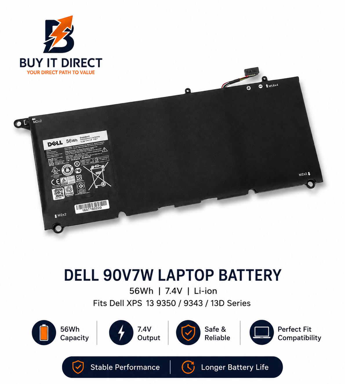 بطارية لابتوب ديل 90V7W بسعة 56 واط ساعة متوافقة مع Dell XPS 13 9350 و9343 وسلسلة 13D