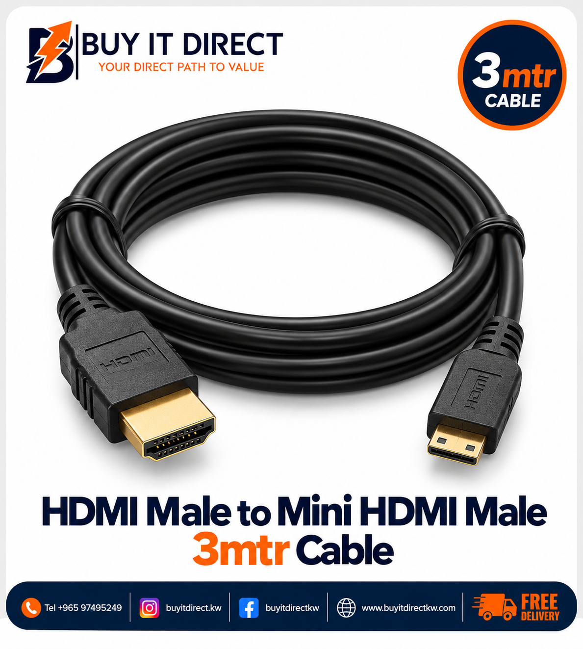 HDMI Male to Mini HDMI Male 3mtr Cable