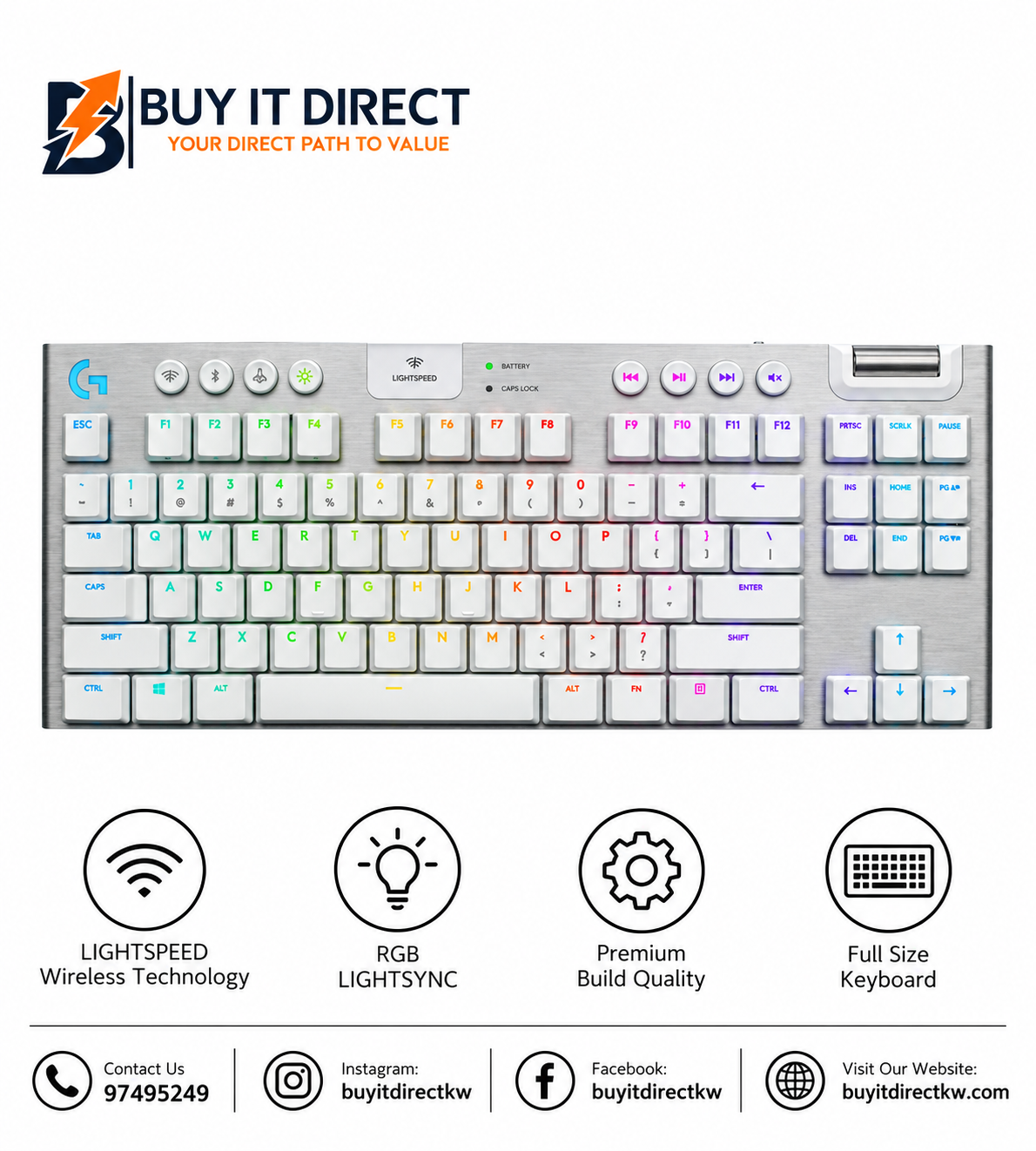 لوحة مفاتيح ألعاب ميكانيكية لاسلكية Logitech G915 TKL Tactile بتصميم Tenkeyless باللون الأبيض
