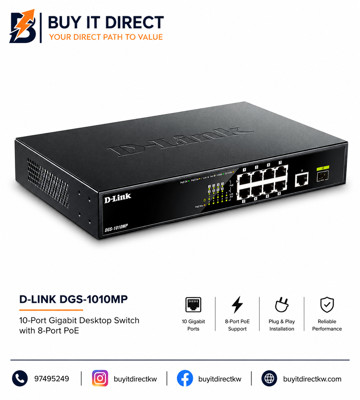 مفتاح الشبكة D Link DGS 1010MP ذو 10 منافذ Gigabit مع PoE قابل للتركيب على الرف