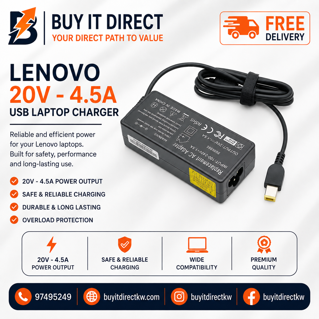 شاحن لابتوب Lenovo بقوة 90 واط 20 فولت 4.5 أمبير USB