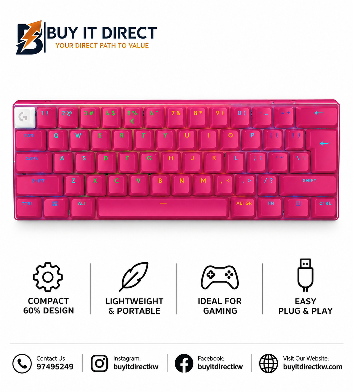Logitech G PRO X 60 LIGHTSPEED Wireless Gaming Keyboard Tactile Magenta