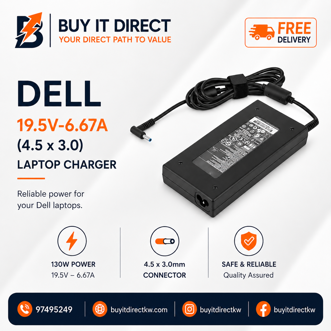 شاحن لابتوب Dell بقوة 130 واط 19.5 فولت 6.67 أمبير مع كابل طاقة 4.5 × 3.0 مم