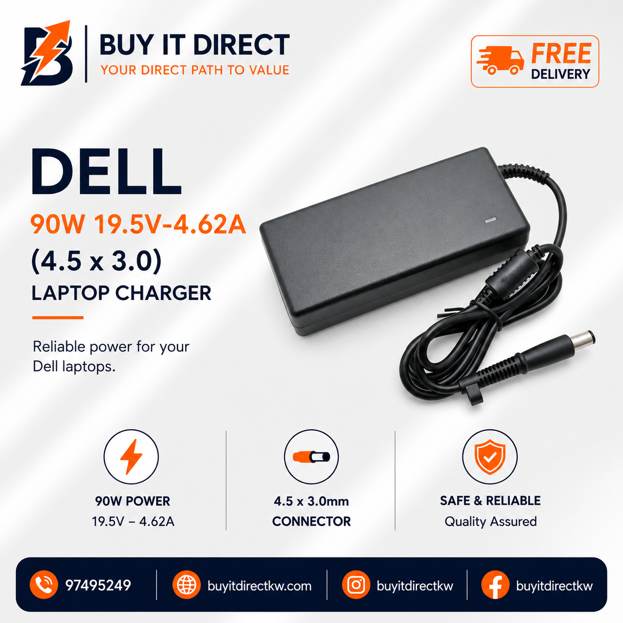 Dell 90W 19.5V 4.62A Laptop Charger with Power Cable 4.5 x 3.0mm
