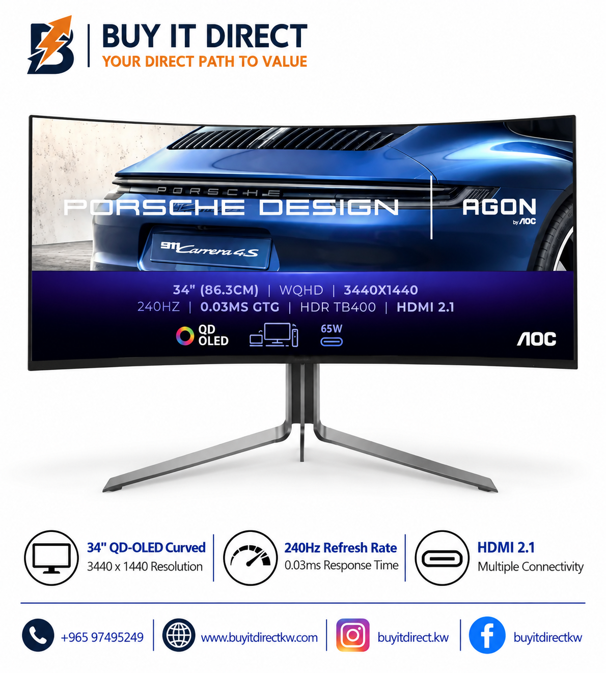 AOC PD34 34in WQHD 240Hz 0.03ms QD-OLED Curved Gaming Monitor