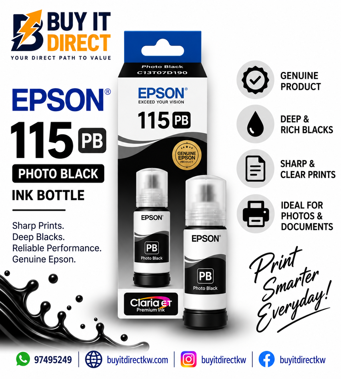 زجاجة حبر Epson 115 EcoTank أصلية باللون الأسود للصور – C13T07D24A
