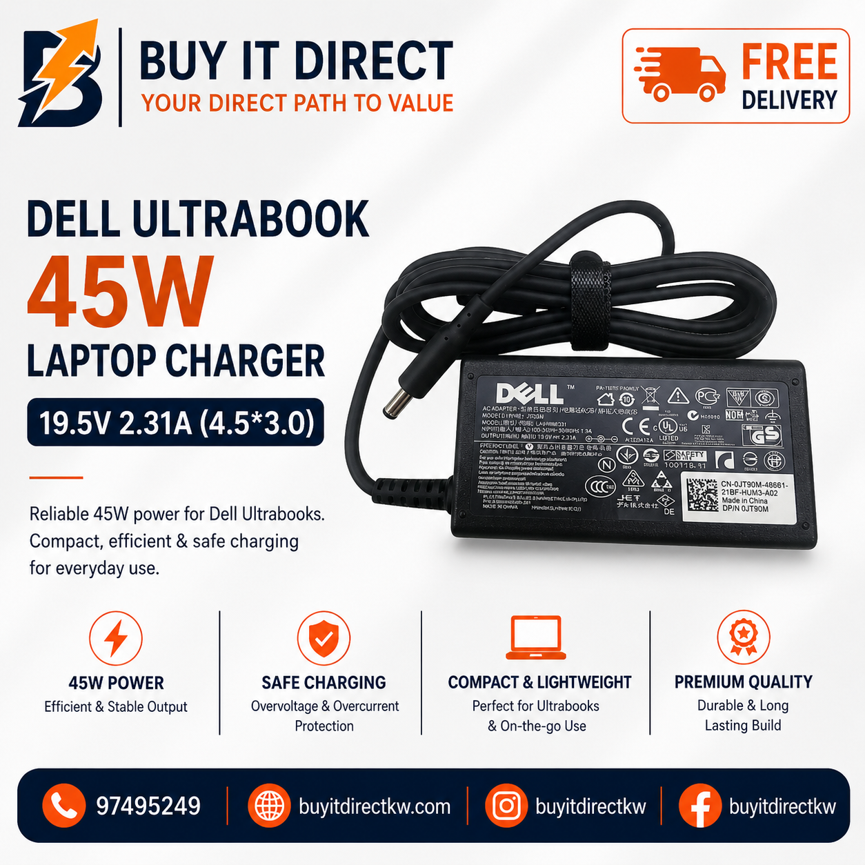 شاحن لابتوب Dell Ultrabook بقوة 45 واط 19.5 فولت 2.31 أمبير مع كابل طاقة 4.5 × 3.0 مم