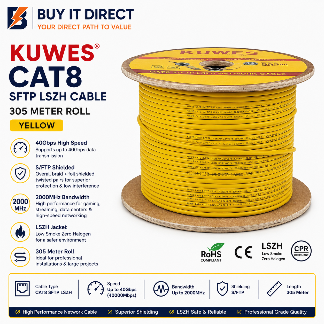 بكرة كابل شبكة KUWES CAT8 SFTP LSZH بطول 305 متر باللون الأصفر