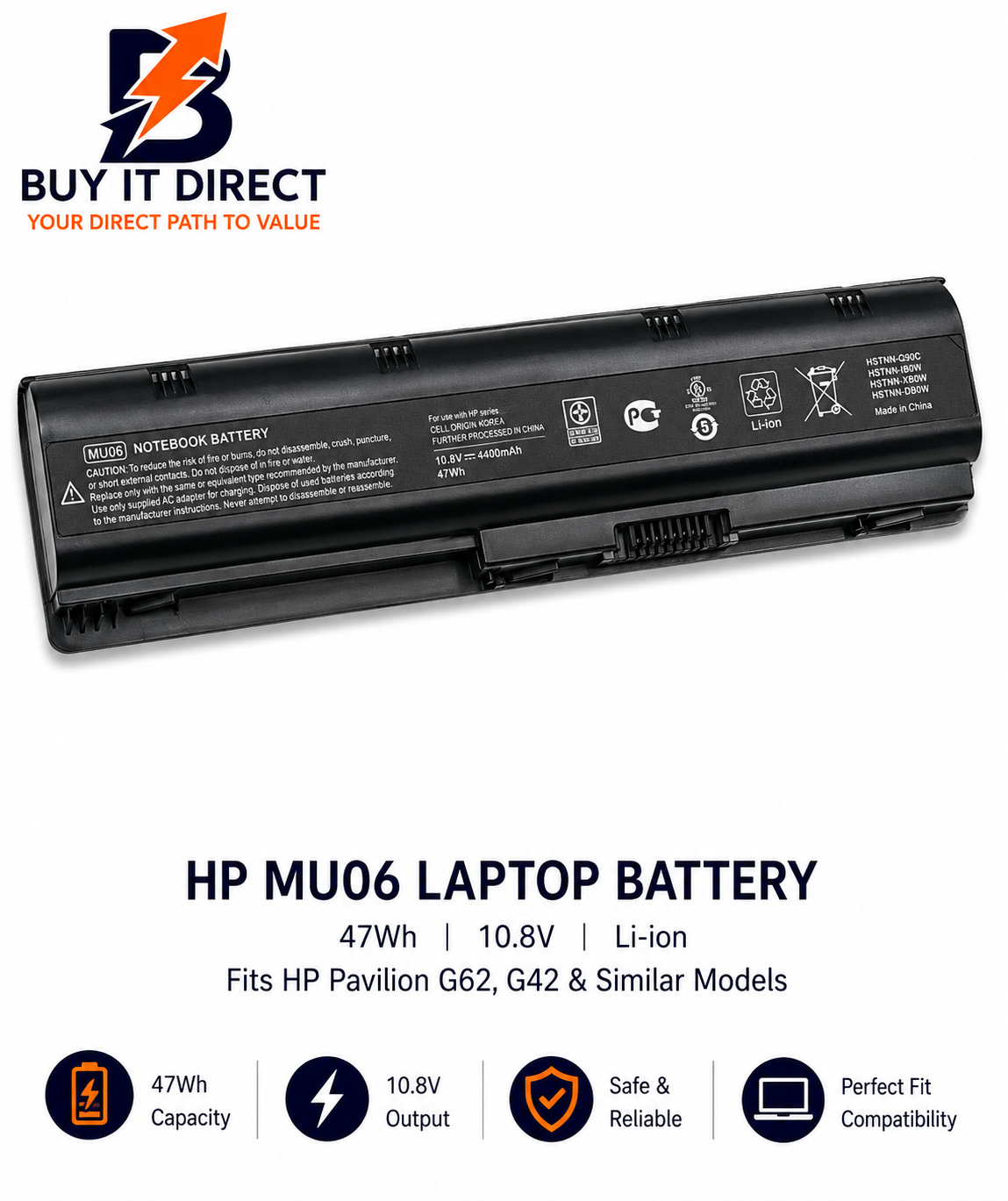 بطارية لابتوب اتش بي MU06 بسعة 47 واط ساعة متوافقة مع HP Pavilion G62 وG42 والموديلات المشابهة