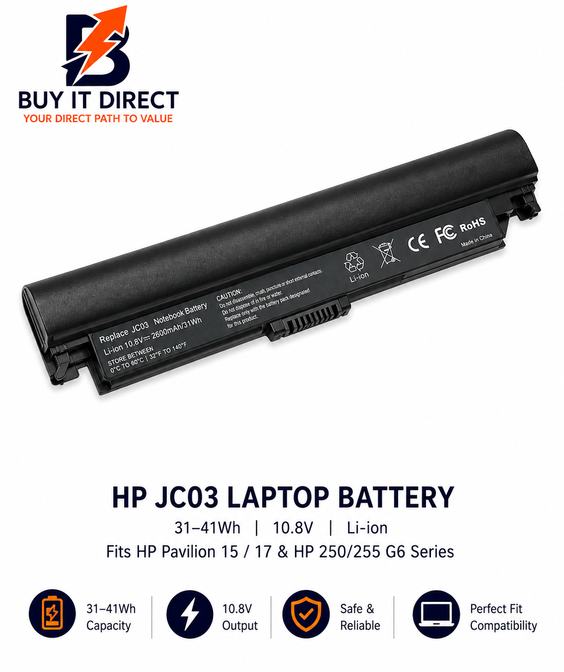 بطارية لابتوب اتش بي JC03 بسعة 31 إلى 41 واط ساعة متوافقة مع HP Pavilion 15 و17 وسلسلة HP 250 و255 G6
