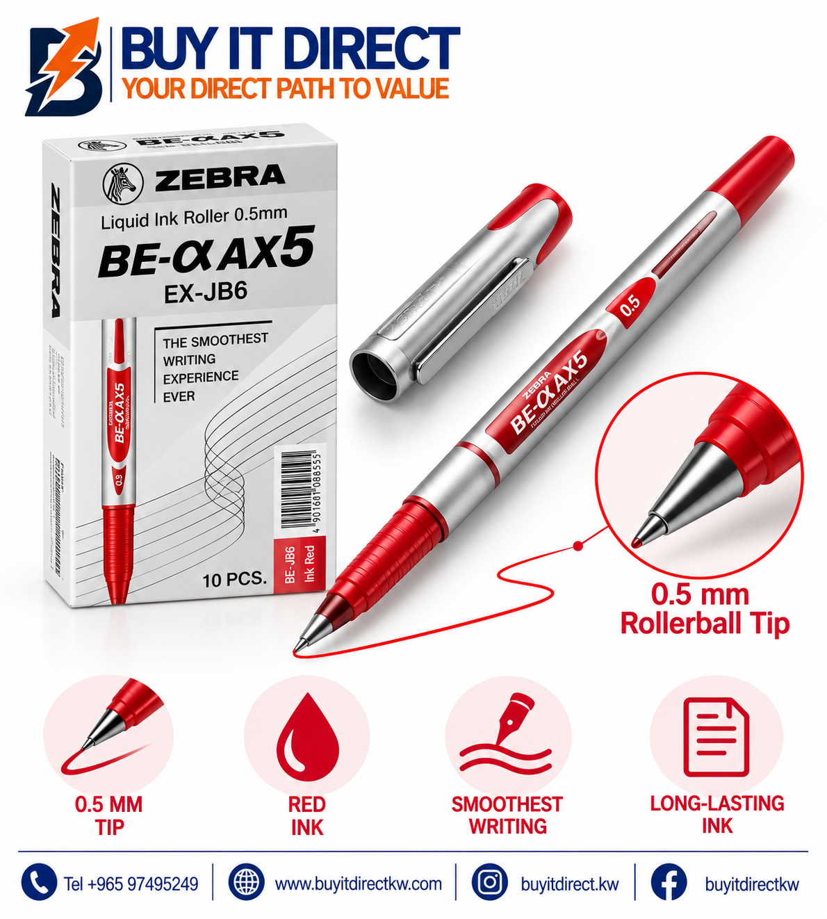 Zebra Liquid Ink Roller EX-JB6 0.5 mm Red Pen - Pack of 10