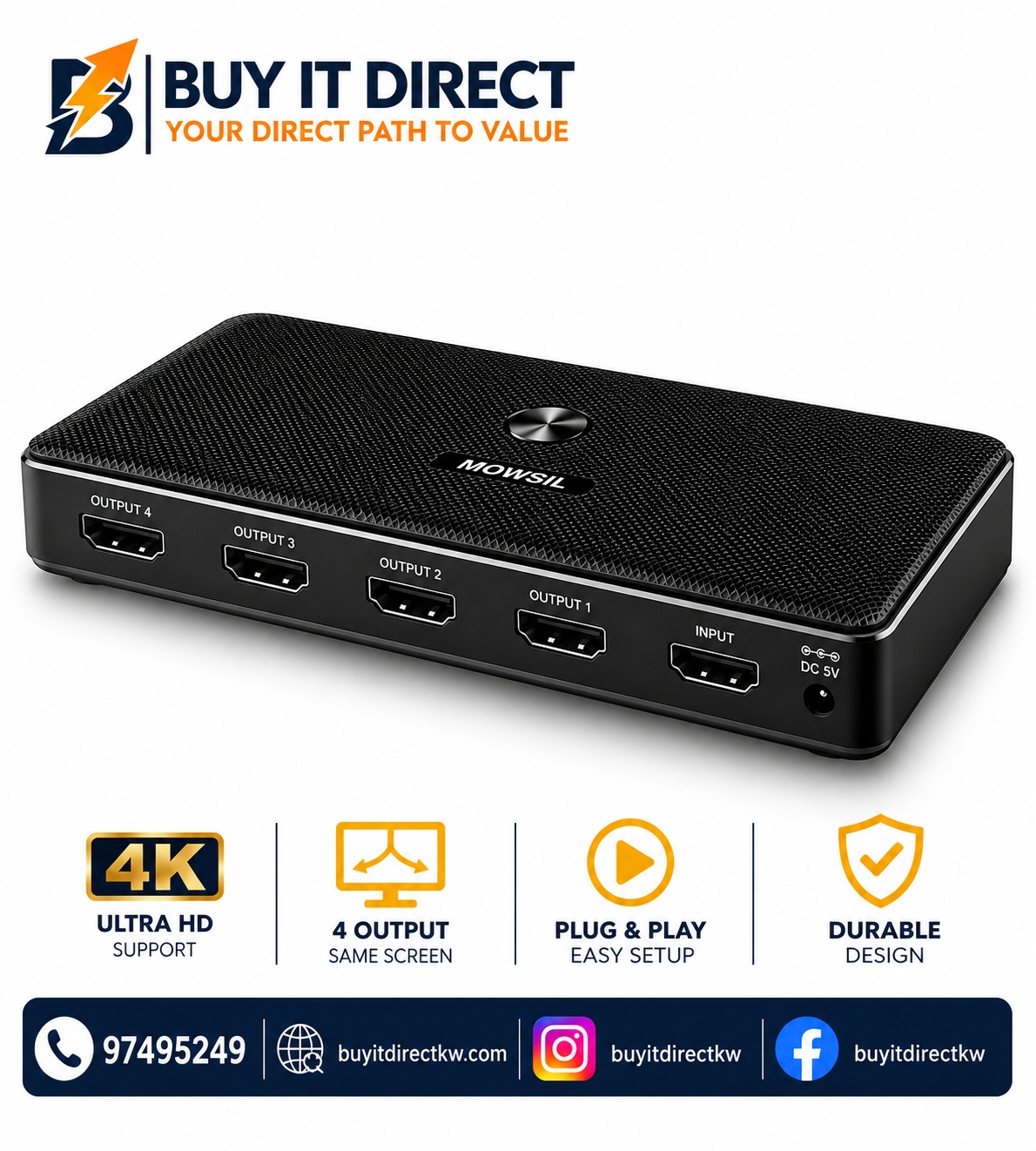 MOWSIL HDMI Splitter 1x4 4K 30Hz 3D HDR Full HD