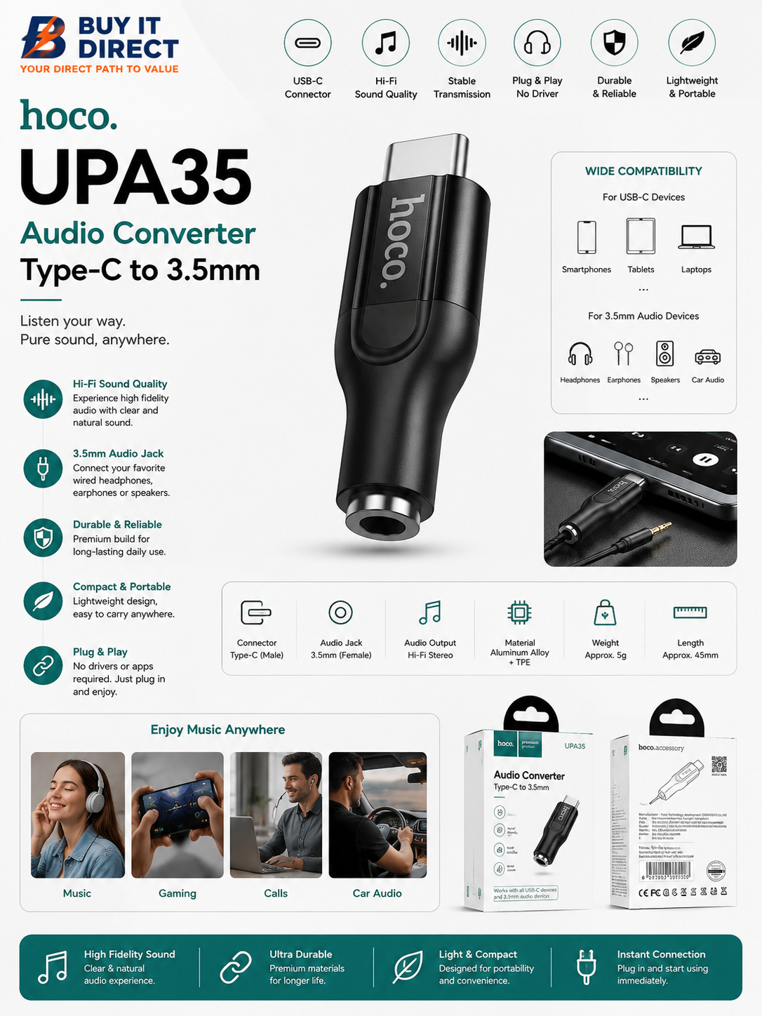 Hoco UPA35 Audio Converter Type C to 3.5mm