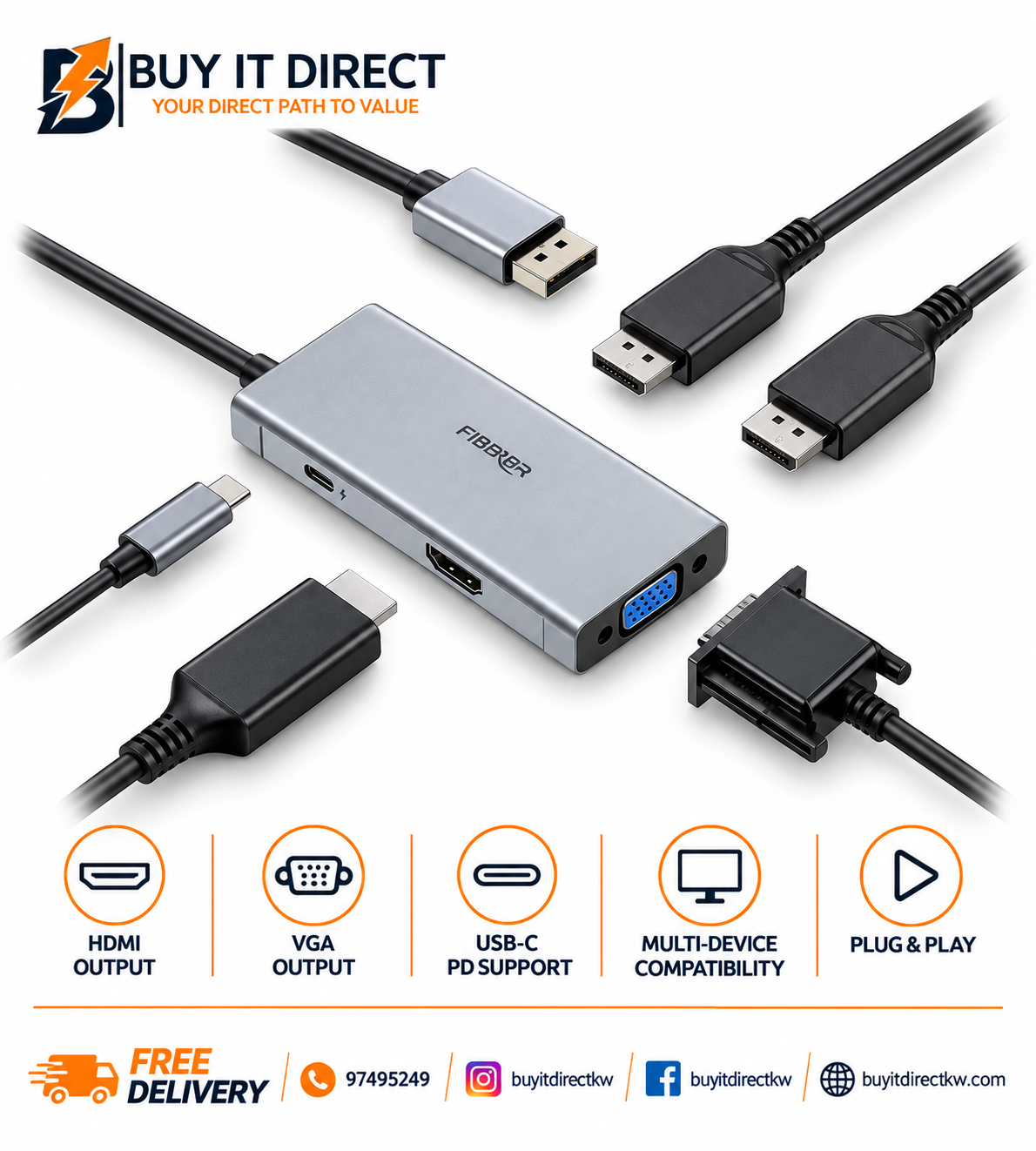 مقسم DisplayPort بدقة 8K بمنفذي DP ومنفذ HDMI واحد ومنفذ VGA واحد