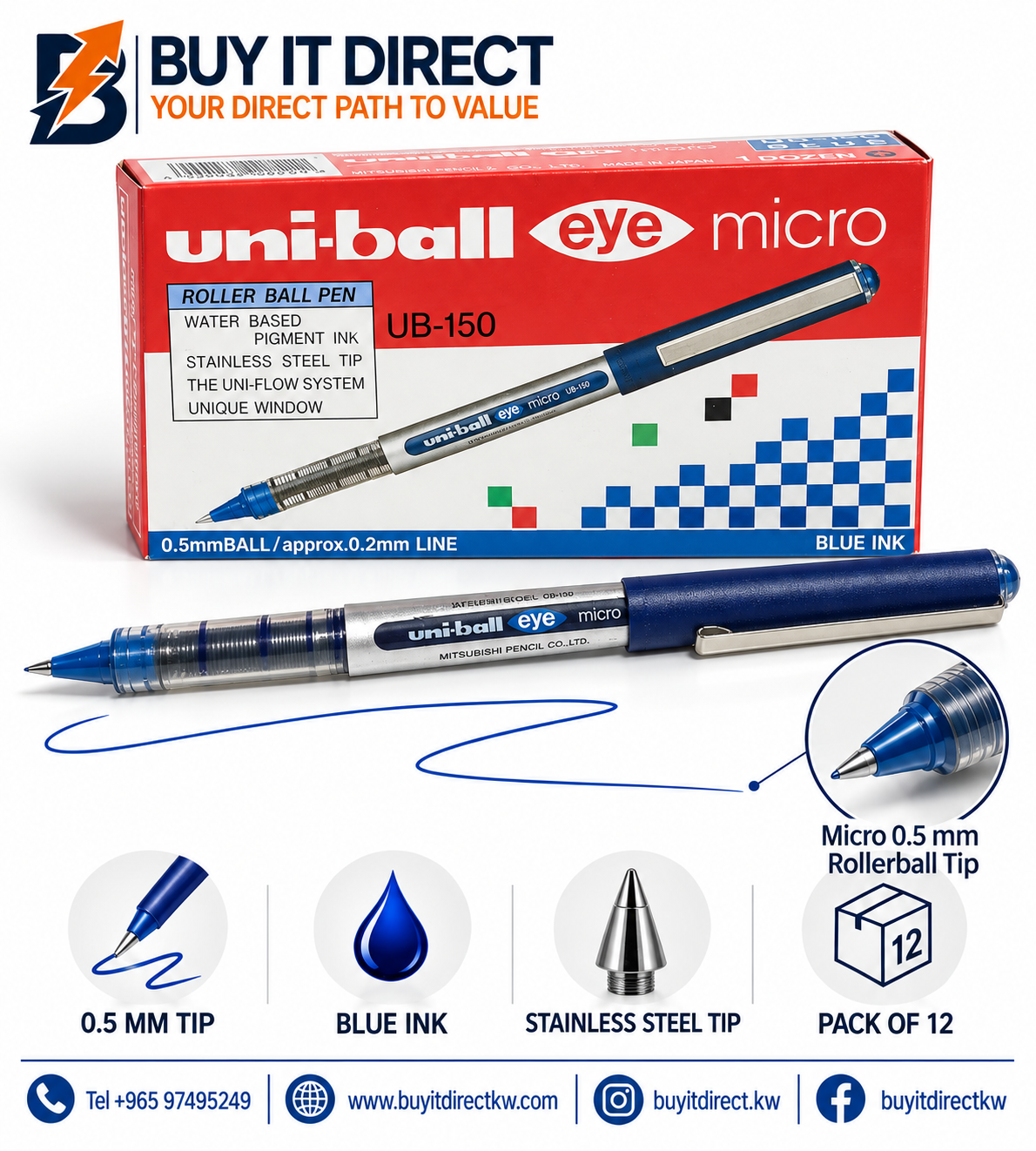 أقلام uni-ball Eye Micro UB-150 أزرق - عبوة 12 قلم