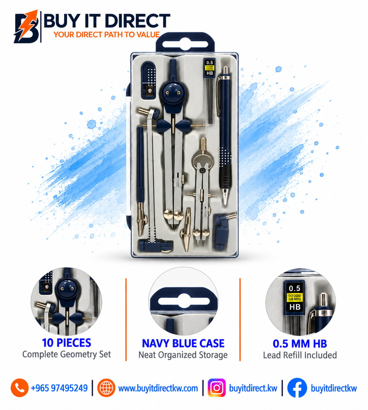 Geometry Compass Set – 10 Pieces Navy Blue