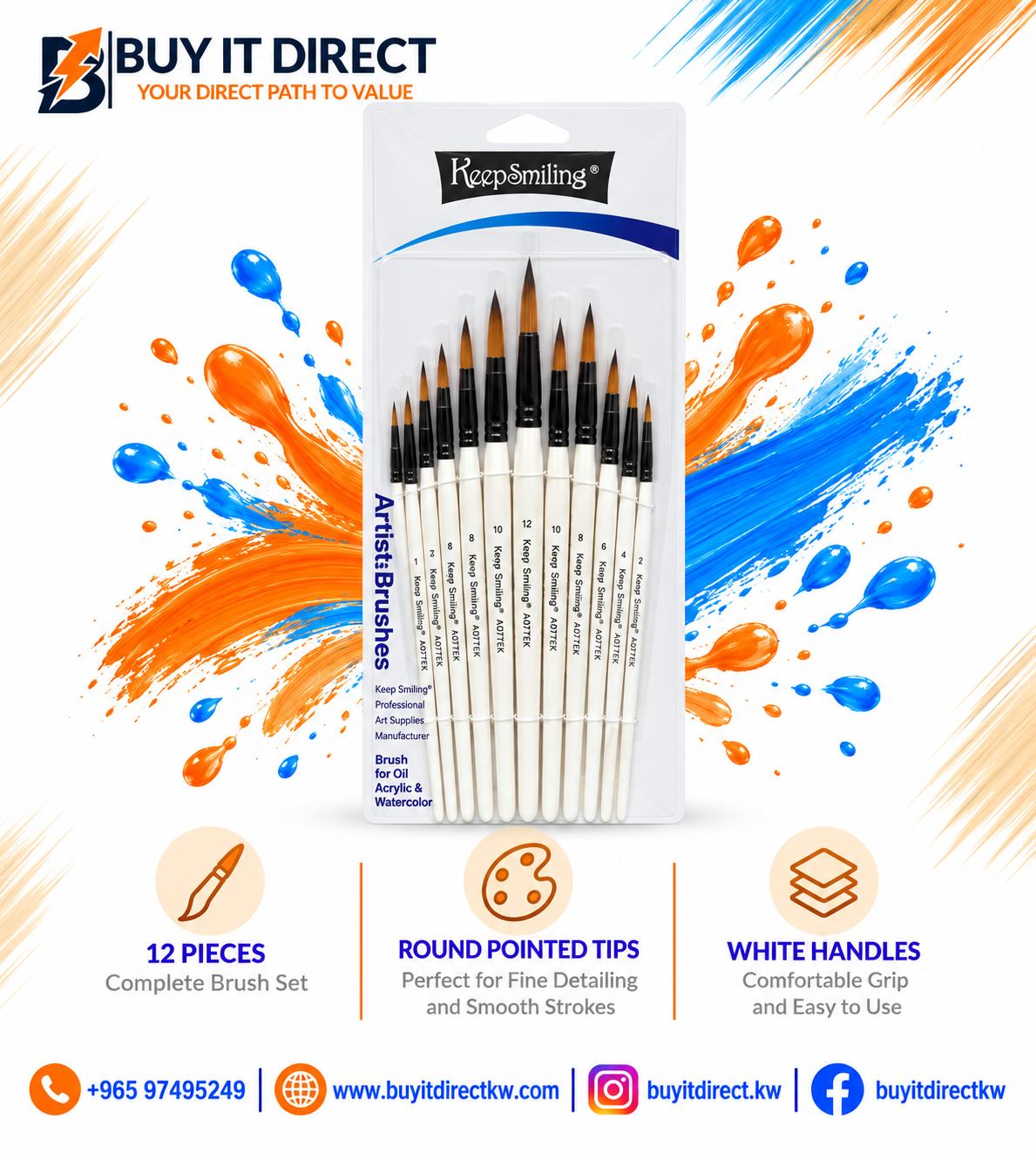 Artist Brushes - 12 Pieces, Round Pointed Tips, White Handles