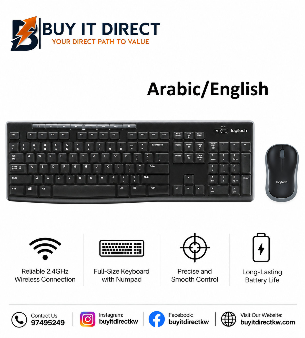Logitech MK270 Wireless Keyboard and Mouse Combo 2.4GHz Arabic English