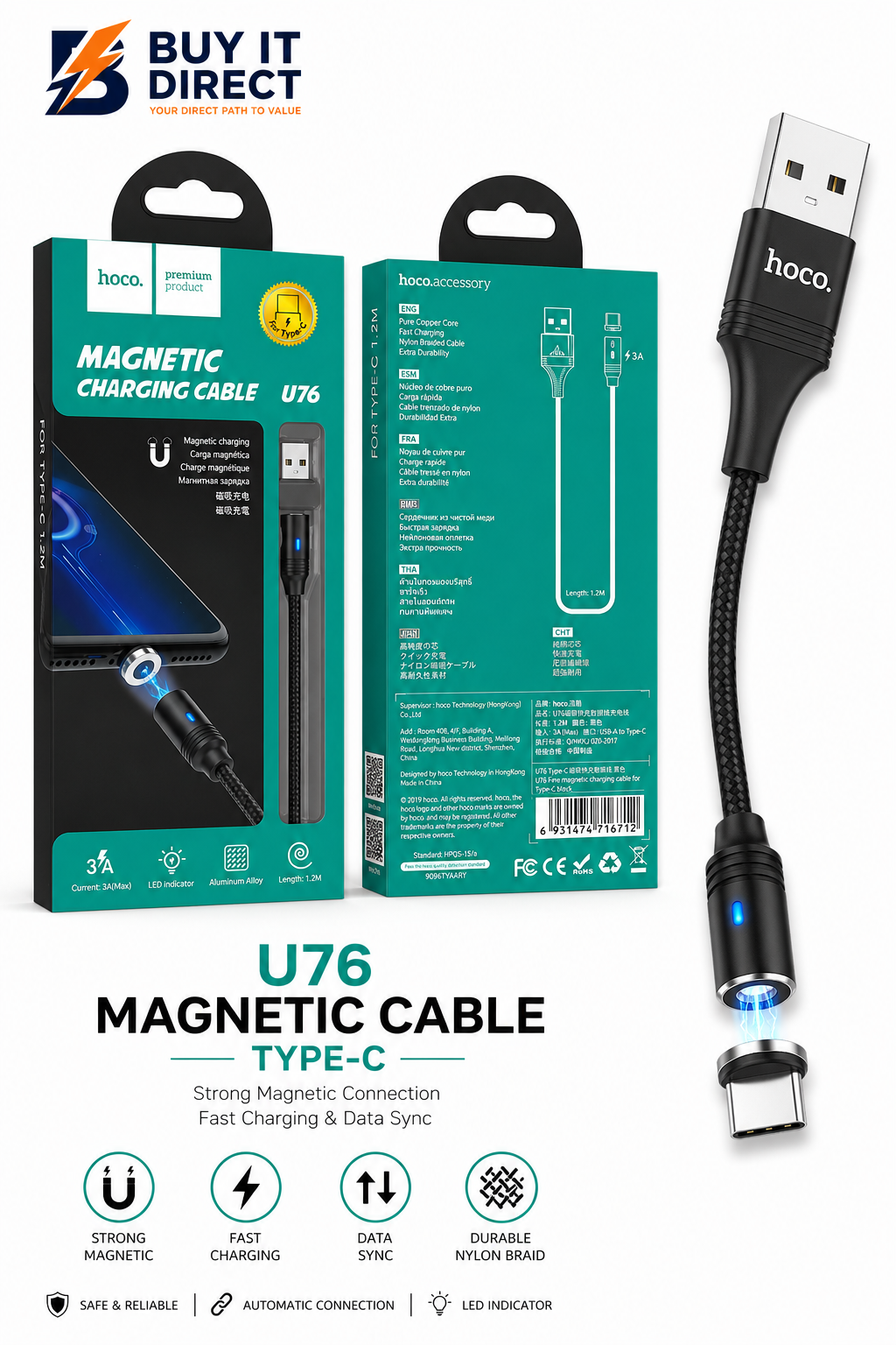 Hoco U76 Magnetic Type C Charging Cable